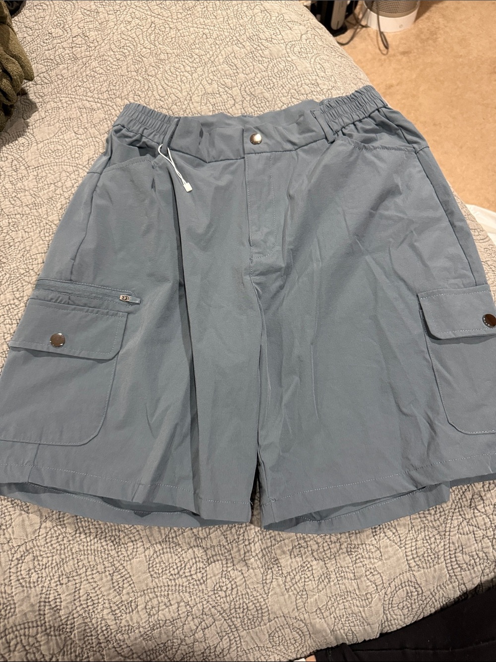 Men's Light Blue Cargo Shorts with Elastic Waistband.  86% nylon